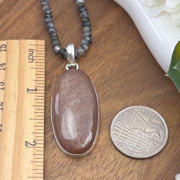 Peach Moonstone Pendant Moonstone Necklace Pure Sterling Silver 925 Set Lot - Picture 10 of 11